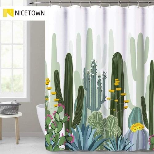 Shower Curtain Bathroom Waterproof Boho Cactus Tropical Liner Curtains Polyester Fabric Green Printed Bath Tub Hooks Included