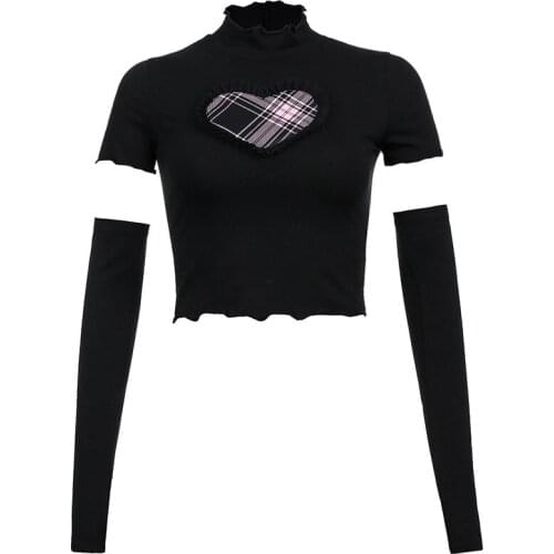 Ruibbit Gothic Punk Women Black T-Shirts Autumn Top Sexy Heart Shaped Embroidery Bodycon Solid Long Sleeve Party Pullover Shirts