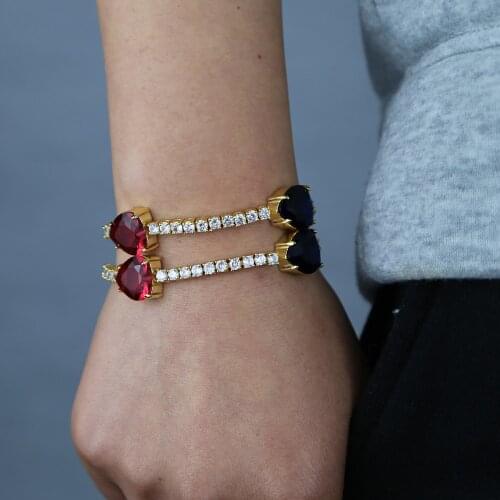 High Quality Green Red Blue Rhinestone Heart Shape Bracelet For Women Lovely Hip Hop Tennis Chain Charm Bangle Jewelry Wholesale