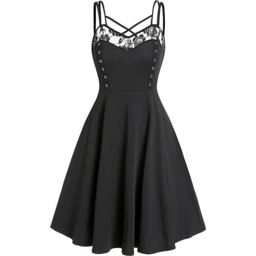 Gothic Dress Women Punk Sexy Lace Dress Plus Size A-Line Dark Sleeveless Summer Dresses Harajuku Casual Goth Dress Streetwear