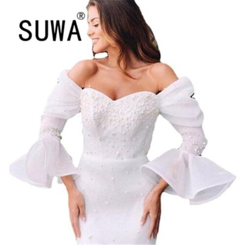 All White Flare Long Sleeve Woman Dress Fall Winter 2021 Hot Recommend Style Elegant Evening Party And Wedding Gowns Wholesale