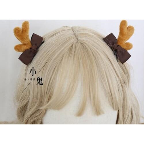 2021 Lolita 1 Pair Lovely Mori Girl Lovely Bowknot Antler Hairpin Handmade Headdress Cosplay Christmas Elk Horn Side Clip Party