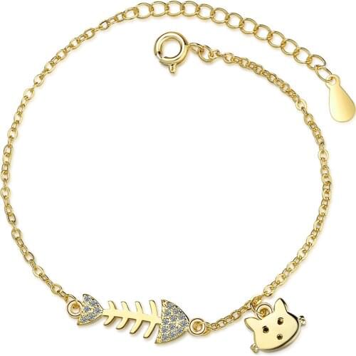 100% 925 Sterling Silver Elegant Sweet Fish Bone & Cat Animal Shine CZ Zircon Ladies Bracelet Jewelry Women New Year Gift