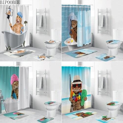 3D Funny Lovely Kitten Bathing Printed Shower Curtain Bathroom Curtains Set Cute Cool Cat Non-Slip Rug Toilet Lid Cover Bath Mat
