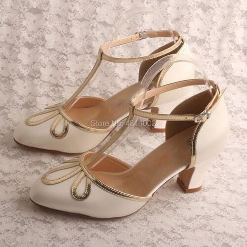 Ivory Satin Party Shoes for Women Chunky Heel 7CM T-strap Pumps