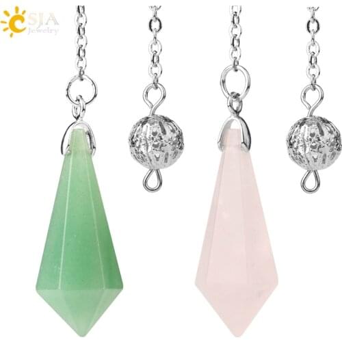 CSJA Natural Stone Pendulum for Divination Healing Shuttle Spiritual Hexagon Quartz Dowsing Pendulums Radiesthesia Pendulos G690