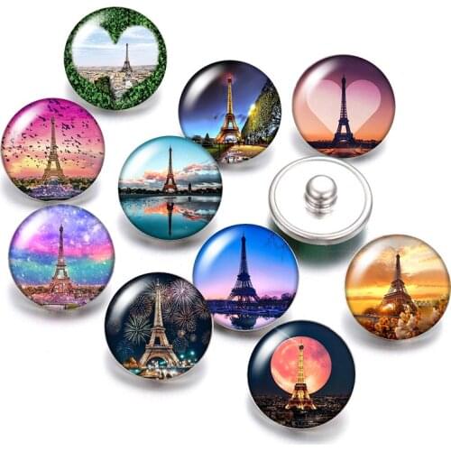 DB1010 Eiffel Tower scenery 18mm snap buttons 10pcs mixed round photo glass cabochon style for snap button jewelry