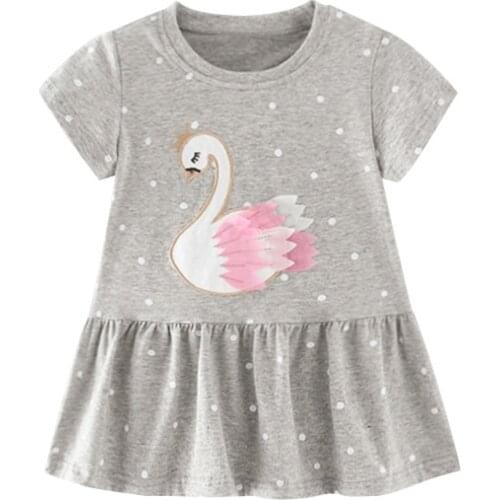 Jumping Meters Breathable Girls with Cute Swan Pattern Cotton Kids Summer Sling Short Sleeve Dress for Casual Skirt