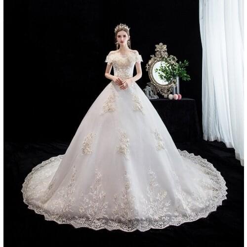 Elegant Wedding Dress Boat Neck Embroidery Pleat Short Sleeves Lace Up Floor-Length New Plus Size Wedding Gowns For Women G196