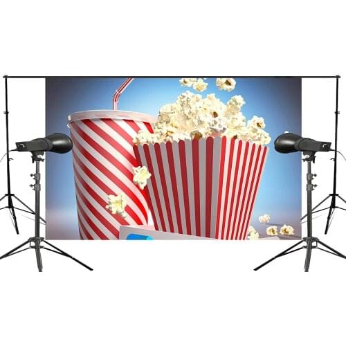 Exquisite Blue Background Flying over Popcorn with a Cup of Drink Cartoon Studio Photography Background 150x220cm