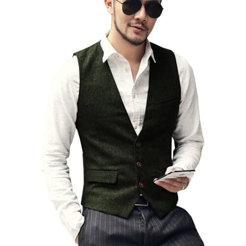 Brown Tweed Waistcoat Casual Slim Fit V-neck British Style Custom Made Waistcoat For Wedding Groomsmen Leisure Business