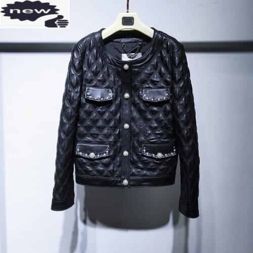 Autumn Winter Office Ladies Genuine Leather Jacket O-Neck Single Breasted Solid Lattice Sheepskin Coat Elegant Women Jackets