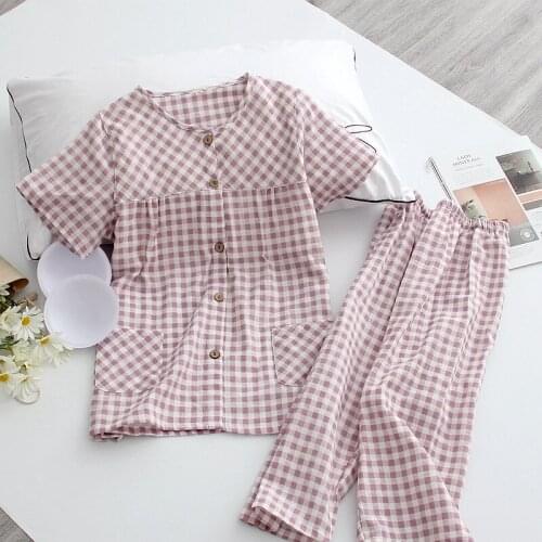 Summer Short-Sleeved Pajamas Round Neck Cotton Double Layer Gauze Sleepwear Womens Plaid Calf-Length Pants 2 Piece Home Pyjamas