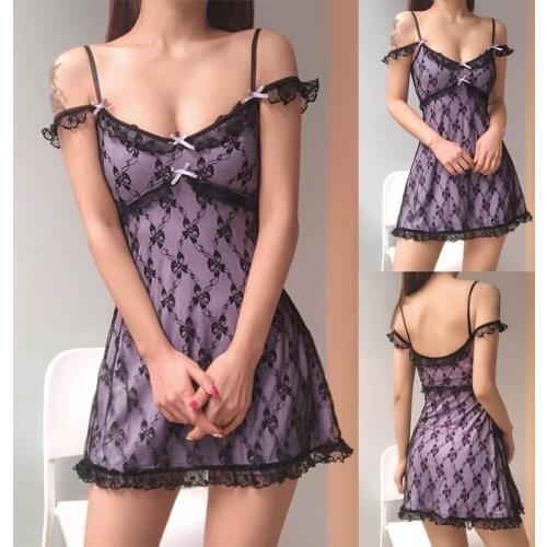 Hot Kf-Fairy Summer Dress Girly Bow Lace Mesh Satin Purple Strap Mini Dresses Pastel Goth Y2K Clothes