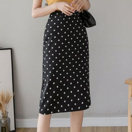 Fashion Korean Women Skirsts 2020 Polka Dot Mid-Length Skirt Polka Dot A- Line Skirt for Women Black Empire Casual White 0808