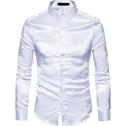 Mens White Silk Shirt 2020 Fashion Silk Satin Men Social Shirt Casual Slim Fit Long Sleeve Dress Shirts Male Camisa Masculina