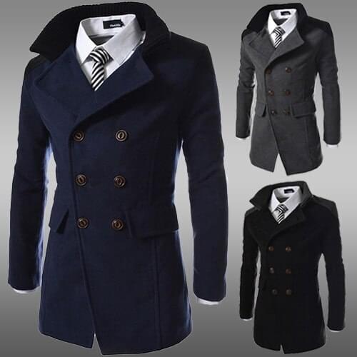 Mens Lapel Collar Peacoat Double Breasted Slim Wool Blend Trench Coats Male Casual Coats H9