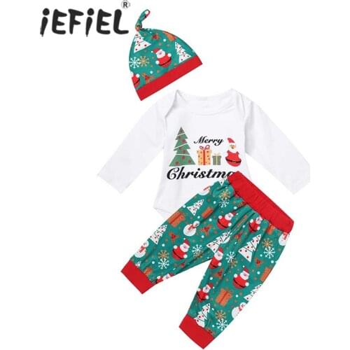 Christmas 2020 Baby Clothes Set 3Pcs Merry Christmas Print Bodysuit+Snowflake Santa Print Pant Hat Kid Boys Girls Xmas Outfit