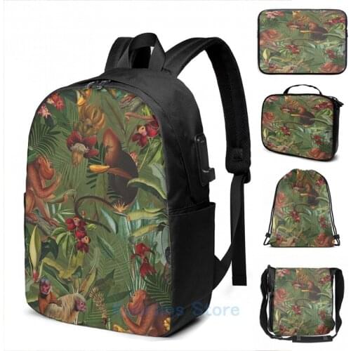 Funny Graphic print Tropical monkey jungle pattern dark green USB Charge Backpack men School bags Women bag Travel laptop bag