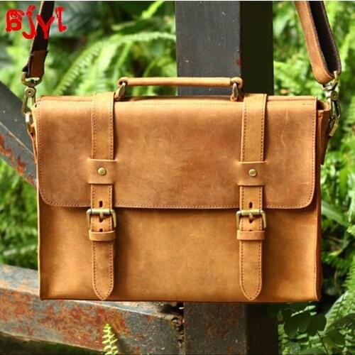 Vintage Mens Bag Leather Briefcase Men Handbag Shoulder Bag Handmade Messenger Crossbody Bags Original Crazy Horse Leather Soft