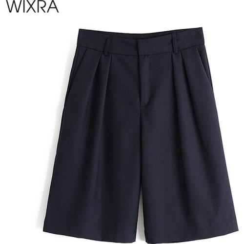 Wixra Women Solid Straight Pants Knee-Length Loose Zippers High Waist Casual Streetwear Street Summer Navy Bottons
