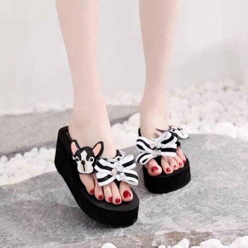 New Style Summer Beach Women Slipper Animal Dog Head Wedges Ladies Sandal Chain Butterfly-Knot Footwear Flip Flops Size 33-43