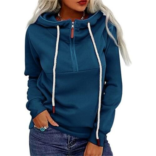Female Tops Solid Color Long Sleeve Hooded Pullover Blouse with Zipper for Spring Fall, S/M/L/XL/XXL