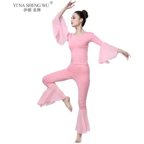 Women Lady Belly Dance Costume Set Dance Practice Clothes Adult Modal Trumpet Sleeves Dance Clothing 2pcs Top+Pants Dancewear