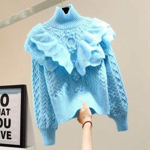 Ruffles Turtleneck Long Sleeve Casual Sweater for Women Fashion 2021 Spring Winter Korean Style Loose High Waist Knit Top Pull