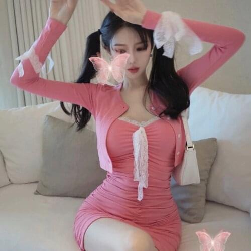 Ladies Summer Sling Dress Lace Stitching Bag Hip Sling Dress Long-sleeved Cardigan Knitted Flashing Two-piece Womens Skirt