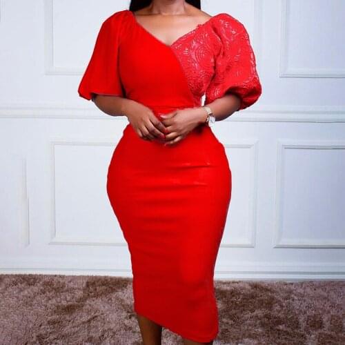 Women Fashion V-Neck Lace Patchwork Bodycon Pull Sleeve Dress