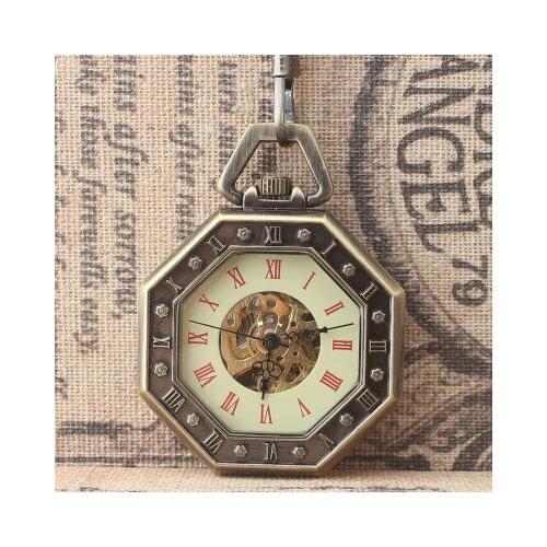 10pcs/lot Retro Bronze Case Octagon Dial Steampunk Mechanical Pocket Watch Roman Dial No Cover Pocket Watches Wholesale