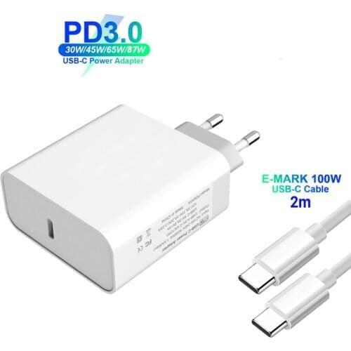 87W/65W/45W/30W PD/QC3.0 USB C Fast Power Adapter 100W E-Mark Type-C Cable For MacBook/iPad iPhone 12 Dell Lenovo Surface Pro