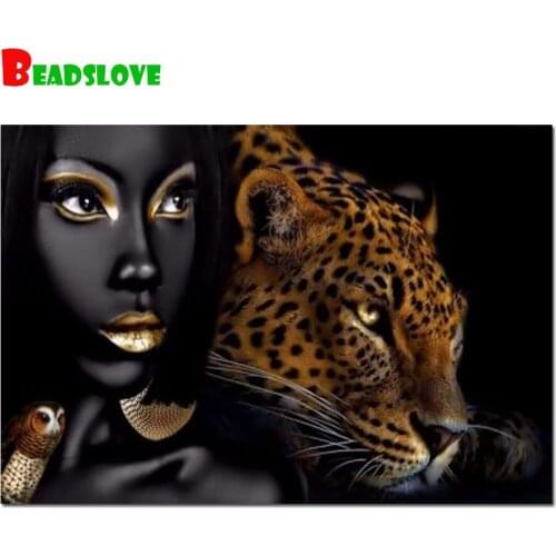African woman leopard diamond embroidery full square round 5d diy diamond painting cross stitch rhinestone pictures