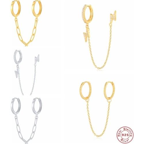 GS 925 Sterling Silver Double Circle Chain Hoop Earrings For Women CZ Zircon Lightning Bolt Charm Pendiente Piercing Jewelry
