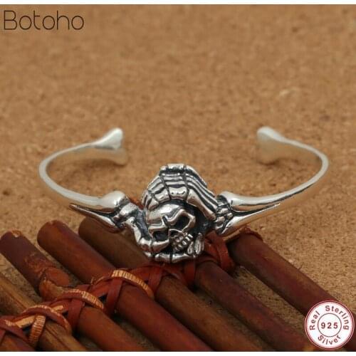 Authentic 925 Sterling Silver colour Skull Bangle Bracelet Vintage Skeleton Design Opening Adjustable Bracelet men Women Charm