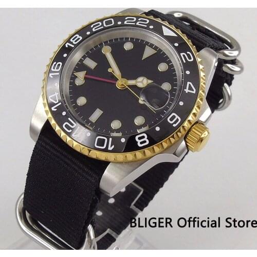Solid BLIGER 40MM Mens Watch Ceramic Bezel Black Dial GMT Sapphire Crystal Luminous Automatic Movement