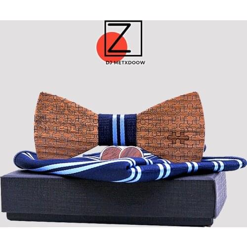 Wood Bowtie+Handkerchief+Cufflinks Sets for Mens Suit Wooden Bow Tie Bowknots Jigsaw puzzle Wedding Party Christmas tie
