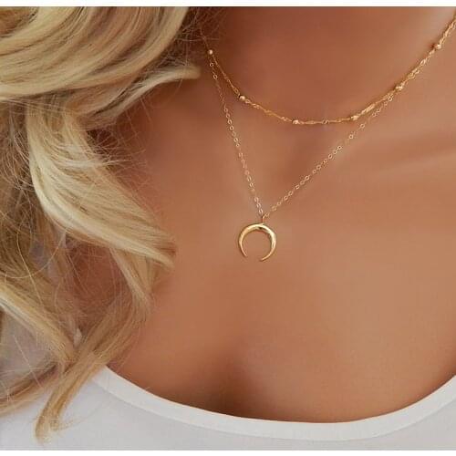 Eif Dock New Fashion Sweet Moon Gold Plated Jewelry Temperament Crescent Clavicle Multi-layer Chain Pendant Necklaces