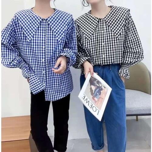 Lamtrip Sister Plaid Preppy Style Sailor Collar Casual Long Sleeve Shirt Blouse Mori Girl