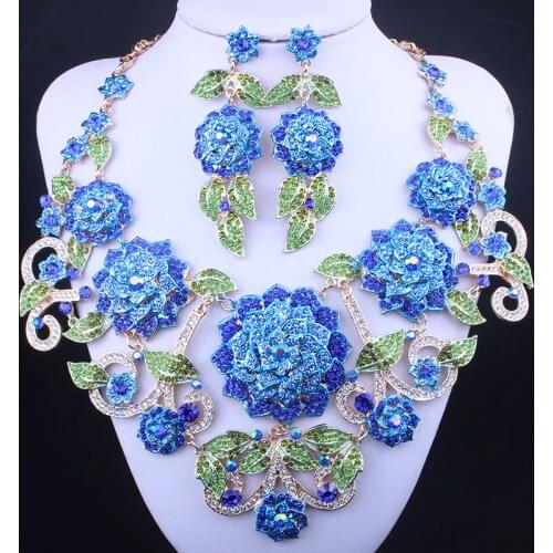 Hand painted 3D Flowers Necklace Earrings Set With Rhinestones Fashion Bridal Wedding Jewelry Set