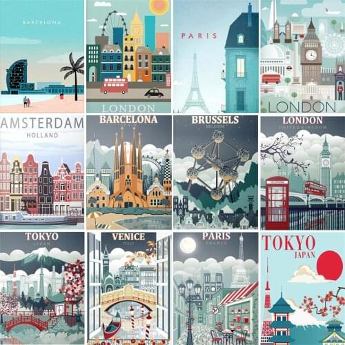 Yumeart DIY Full Drill Square Diamond Embroidery Scenic Diamond Painting London DIY Japan Picture of Rhinestone Mosaic Wall Arts