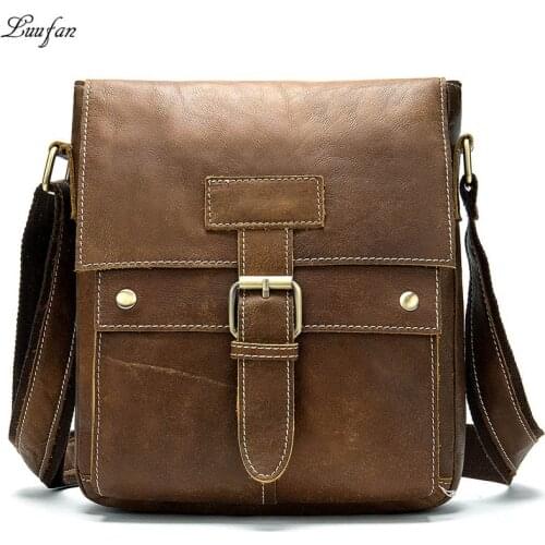 Luufan Mens Genuine Leather Messenger Bag Vintage Soft Cow Leather Male Shoulder Bag Cowhide Magnetic Flap Laptop Crossbody Bag