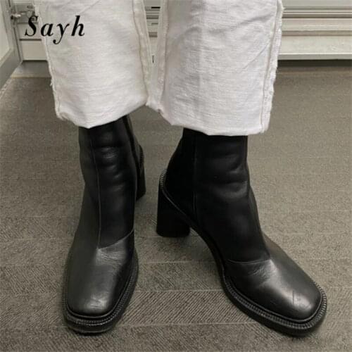 New Women Boots Black Leather Platform Chunky Heel Zipper Ankle Boots Women Luxury Brand Design Winter Motorcycle Chelsea Boots