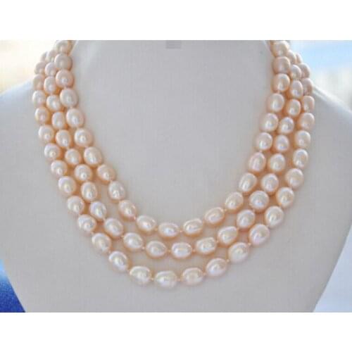 3strands 12mm pink rice Freshwater cultured pearl necklace Factory Wholesale price Women Gift word Jewelry