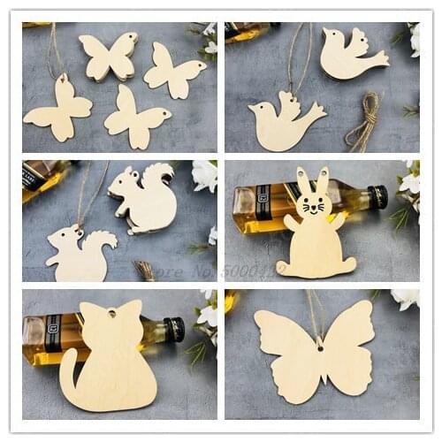 50pcs Childrens DIY Coloring Animal DIY Natural Wooden Chip Tree Hanging Ornaments Pendant Kids Gifts Ornaments Decorations