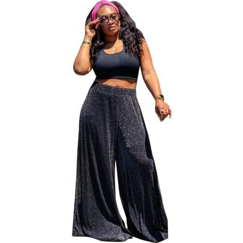 Casual black 2 pieces sets Glitter wide leg long pants and sleeveless tank crop top