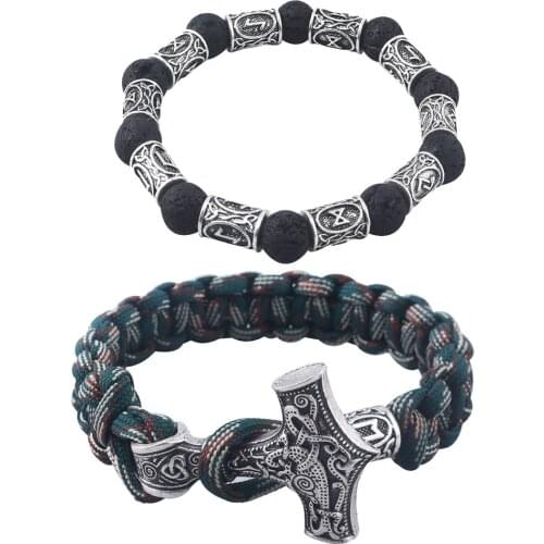 RJ 10Pcs Wholesales Norse Viking Bracelets Thor Mjolnir Hammer Armband Amulet Rune Knot Black Panther Bangles Men Movie Jewelry