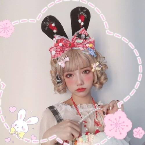 Original Handmade Lolita Accessories Black Sweet Hair Clasp Bunny Ears KC Headdress Lace Trim Plaid Bowknot Plush Hair Ornaments