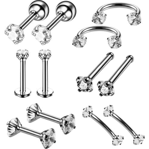 12Piece Surgical Steel Crystal Labret Piercing Set Eyebrow Piercing Lot Nose Stud Pack Horseshoe Piercing Tragus Earring Jewelry